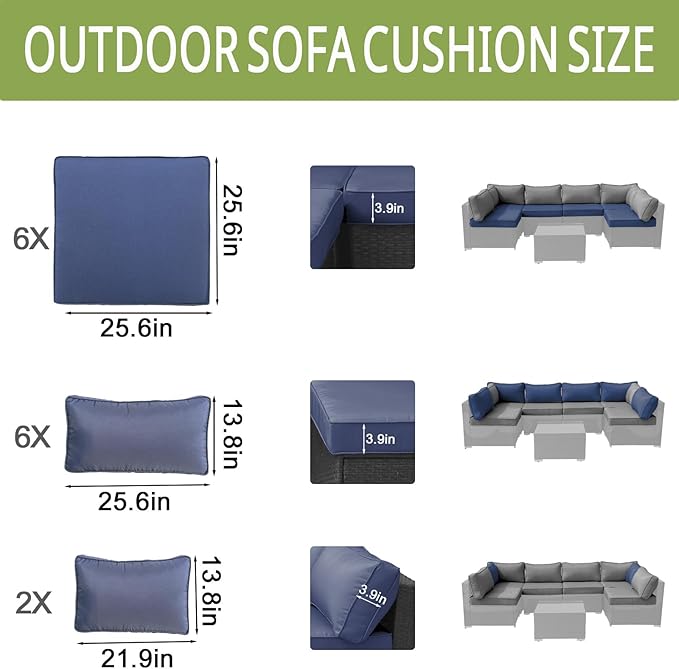 14Piece Outdoor Sofa Cushion Replacement, Patio Furniture Waterproof Cushion with Zippers, fit 6-Seat Outdoor Wicker Rattan Sectional Couch (Dark Blue, 25.6"x25.6"x3.9")