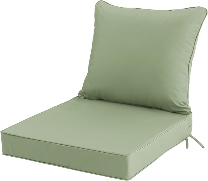 24x24 Inch Outdoor Chair Cushion with Removable Cover, Patio Furniture Cushion - Water-Repellent, Fade-Resistant, Non-Slip Bottom & Straps, Replacement for Deep Seat Sofa & Couch - Sage Green