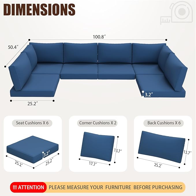 14 Pieces Replacement Patio Cushion for Outdoor Sectional Furniture, Waterproof Outdoor Cushion for 6-Seat Wicker Patio Sofa Sets, 3.2'' Thick with 25D Foam (Blue, 25.2x25.2 Inches)