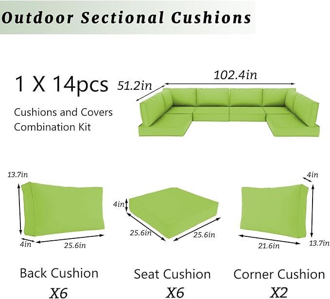 Outdoor Sectional Cushions Replacement Set, 26x26in Patio Furniture Cushions, 14 Pieces Waterproof Outdoor Couch Cushion for 6 Seat Wicker Conversation (Olive Green)