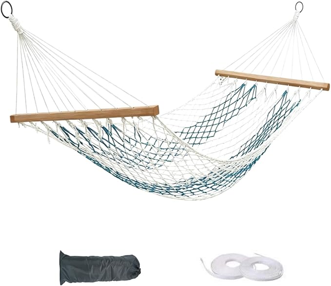 Hammocks Double Rope Hammock,Portable HandwovenTraditional Cotton Rope1 Person Hammock,with Spreader Bar,for Suitable for Patio, Beach, Garden(Blue)