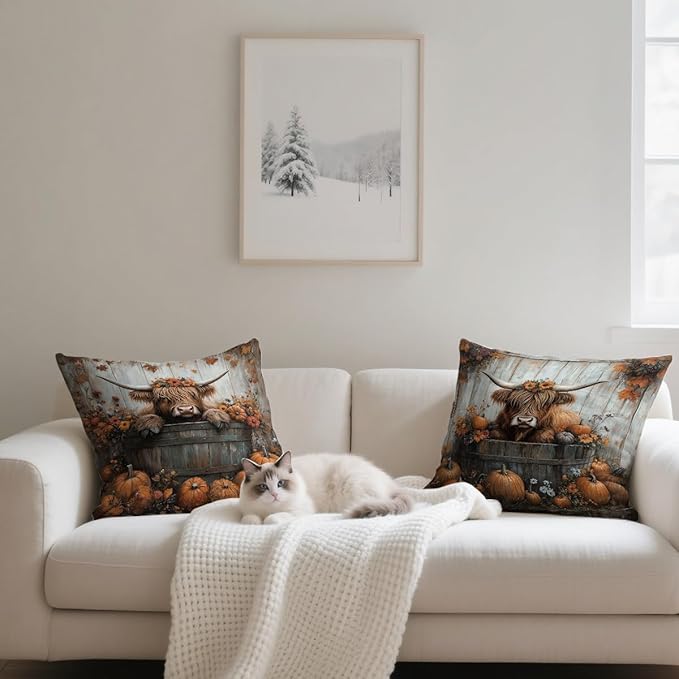 Highland Cow Pillow Covers 18x18 inch Set of 4, Rustic Pumpkin Autumn Farmhouse Throw Pillow Covers Farmhouse Cushion Case Decor for Sofa Couch
