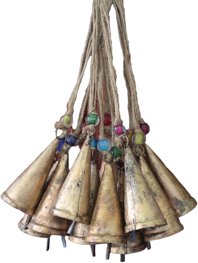Rustic Iron Tin Cone Bells with Beads, 12 Pc Mini Wind Chime Bells for Crafts, Decor, Garden, Wedding, Festival, DIY Projects – Handmade Hanging Vintage Bells with Jute String – Small Bells That Ring