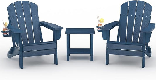 Folding Adirondack Chair Set of 2 with Side Table, All-Weather HDPE Outdoor Chair, Wooden Textured with Cup Holder for patios, Decks, Gardens, fire pits, Navy Blue