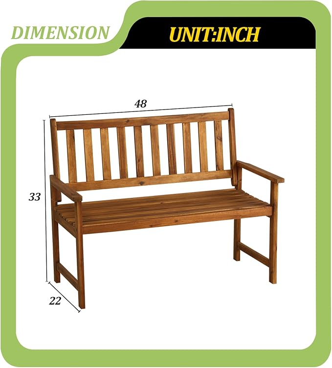Outdoor Garden Wooden Bench,2-Person Garden Bench with Back and armrest, Acacia Wood Outdoor Bench Weatherproof for Patio,Front Porch,Park,Backyard,Wide Slatted Seat,Hold up to 705 LBS
