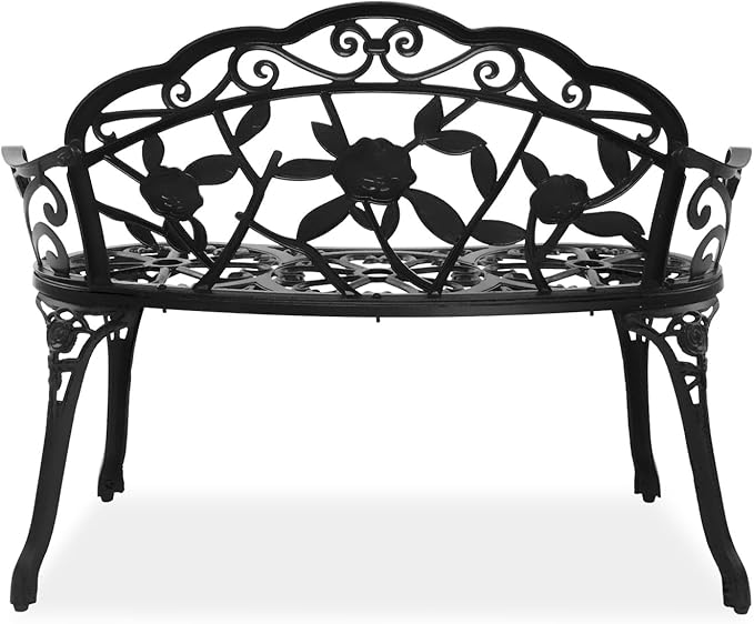 Outvita Patio Garden Bench, 38" Cast Aluminum Outdoor Chair Anti-Rust Weather Resistant Patio Bench Rose Pattern Bench for Front Porch, Backyard, Lawn