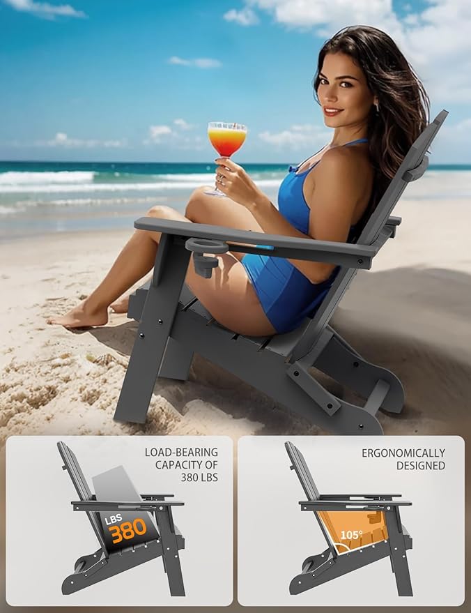 Folding Adirondack Chair, Wooden Textured Plastic Adirondack Chairs with 2 Cup Holder, Weather Resistant HDPE Fire Pit Chair, Outdoor Patio Chairs for Garden, Backyard, Lawn, Deck, 380LBS, Grey