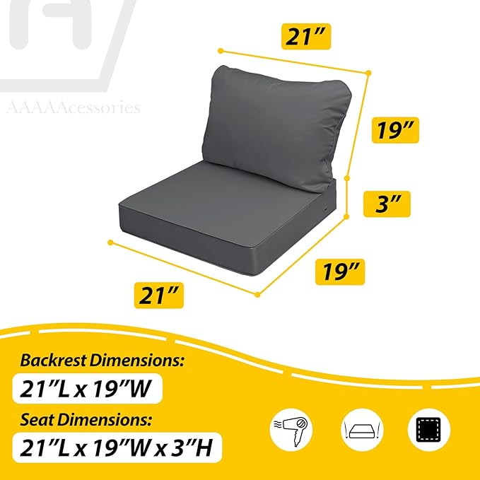 AAAAAcessories Outdoor Seat Cushions for Chairs, Fade-Resistant, Waterproof Patio Furniture Replacement Cushions, 21" x 19" x 3" + 21" x 19", Set of 2, Dark Gray