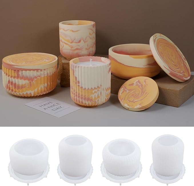 4pcs Cup Shape Candle Jar Silicone Mold with Lid, Handmade Storage Bowl Resin Mould, Flower Pot Vase Concrete, DIY Plaster Cast Cement Rings Jewelry Storage Box Mold
