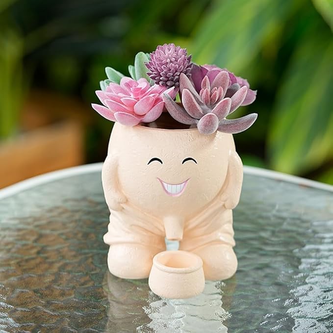 Urinating Pot Head Planter Cute Smiley Face Doll Flower Pot Naughty Doll Plant Planter with Drain Resin Smile Vase Tabletop Decor Suitable for Grow Succulents Cactus Herbs (No Plants) (Khaki)