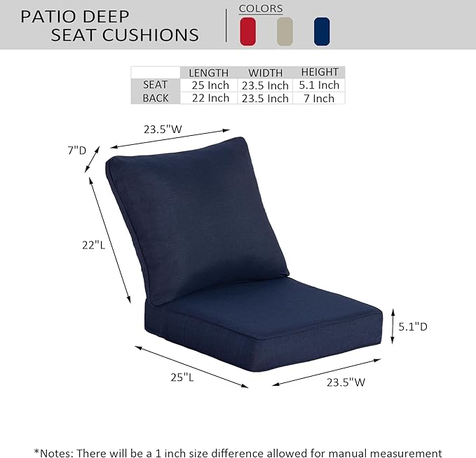 23.5"x25" Outdoor Deep Seat Patio Cushions Set of 2, Deep Seat Bottom Resilient Foam Filling Water-Resistant Stain-Resistant UV Resistant Weather Resistant with YKK Zippers,Midnight