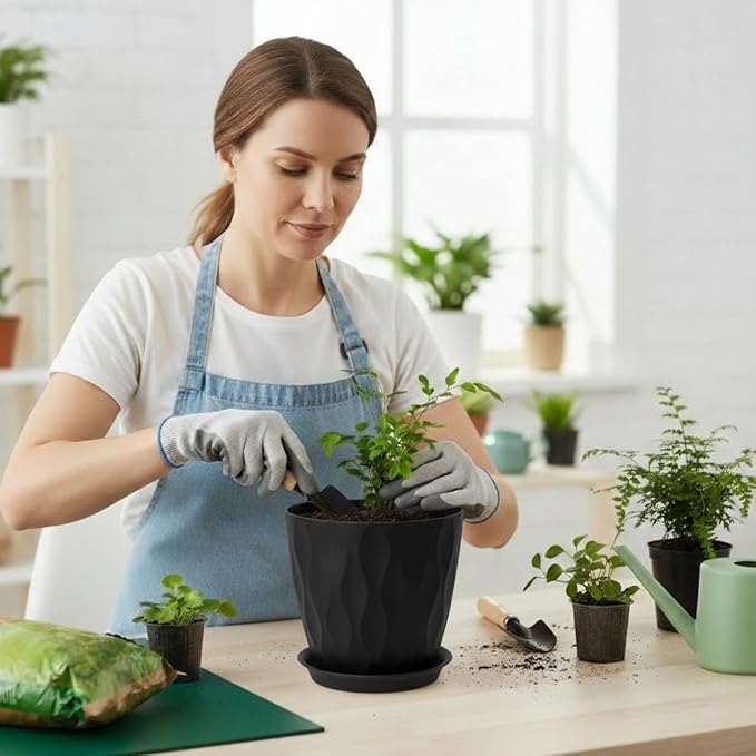Plant Pots 8 Inch, 6 Pack Plastic Flower Pots for Indoor & Outdoor Plants, Planters with Drainage Holes and Saucer, Garden Pot for Plants(Black)
