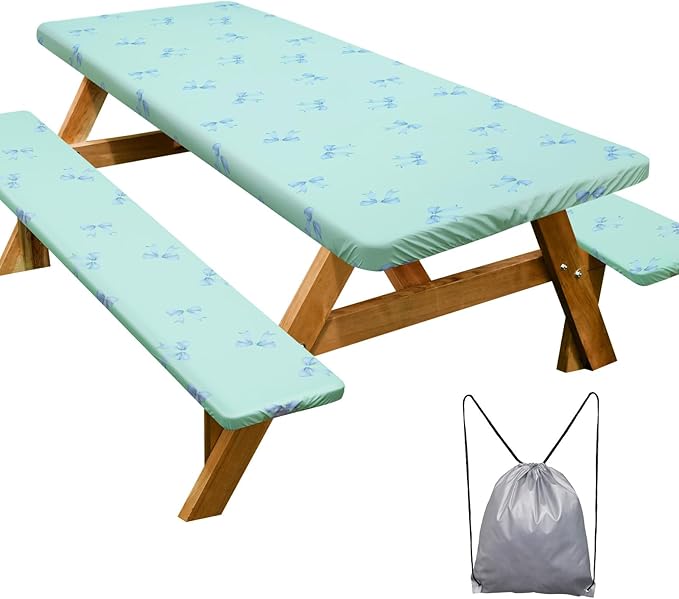 Play Tailor Picnic Table Cover with Bench Covers Camping Essentials Waterproof Windproof Camping Tablecloth with Drawstring Bag, Fitted Rectangle Tables and Seats, 72in, Blue Bow