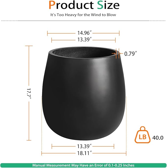 Oval Concrete Planters for Outdoor Plants, Large Tall Cement Flower Pots Indoor for Garden, Front Porch, Patio (Black)
