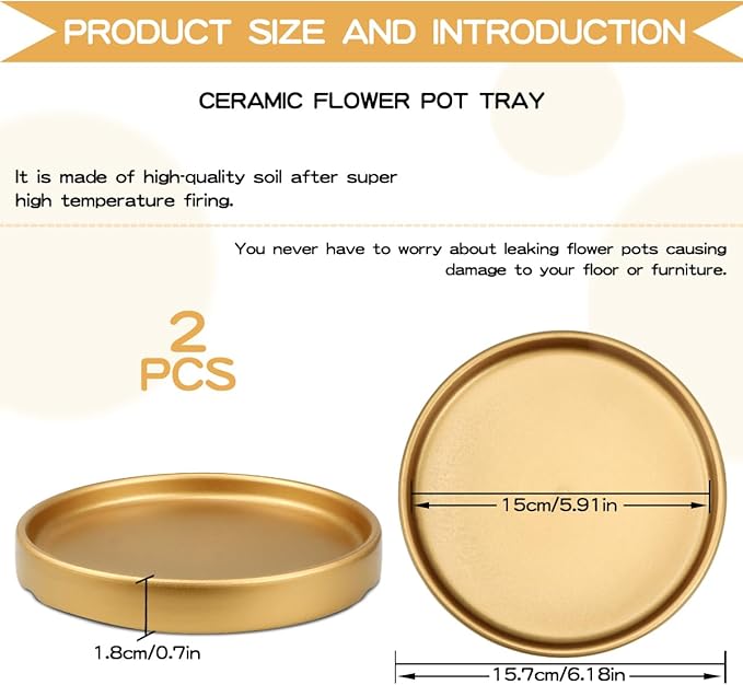 2Pcs Round 6 Inch Ceramic Plant Saucer Drip Tray for Indoor Flower Pots Home Garden Outdoor Flower Plant Pot,Gold Saucers