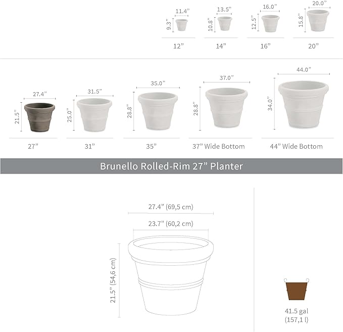 Crescent Garden Brunello Planter, Classic Rolled-Rim Plant Pot, Lightweight, Indoor & Outdoor Large Flowerpot - UV Safe & Frost Resistant - 27" W (Rust)