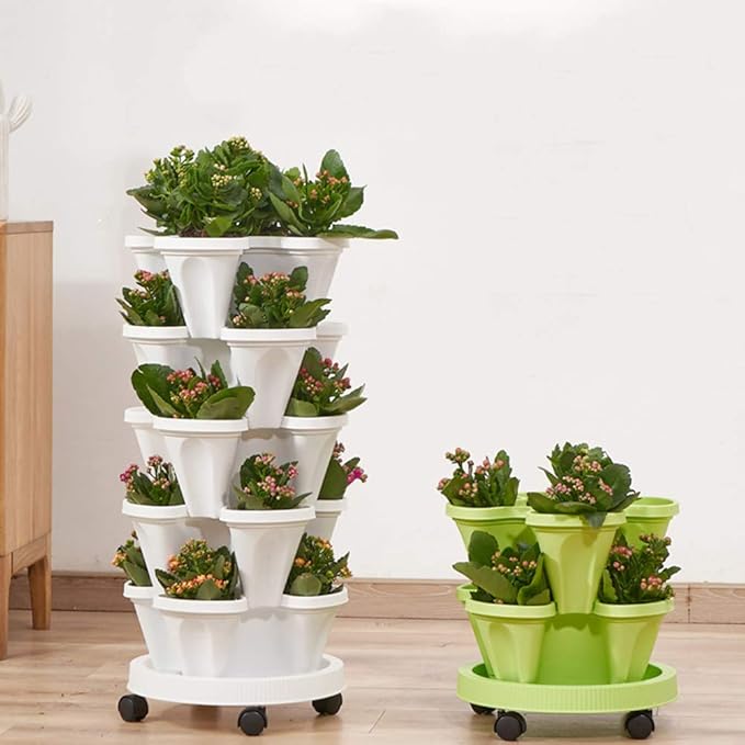 Vertical Planter 3 Tiered,Stackable Planters for Strawberry Herb Flower and Vegetable Stacking Garden Tower Gardening Pots with Removable Wheels and Bottom Indoor Outdoor