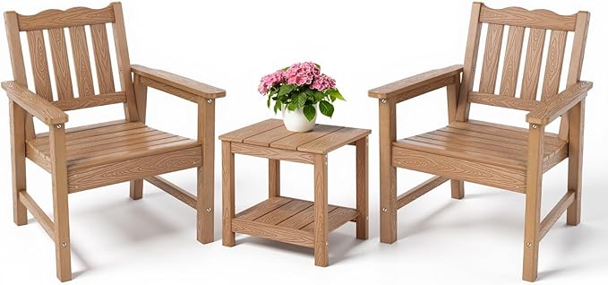Stoog 3-Piece All-Weather Garden Chairs Set of 2 with Table, Outdoor Dining Chair with 400 lbs Weight Capacity, Patio Bistro Set for Porch, Backyard, Lawn and Deck, Teak
