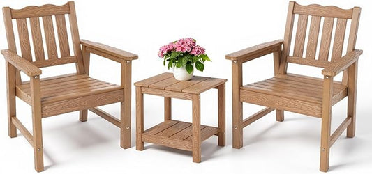 Stoog 3-Piece All-Weather Garden Chairs Set of 2 with Table, Outdoor Dining Chair with 400 lbs Weight Capacity, Patio Bistro Set for Porch, Backyard, Lawn and Deck, Teak