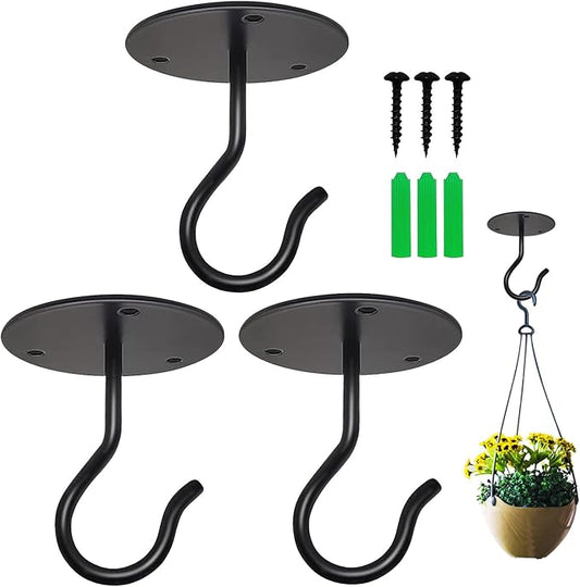 3 Pack Ceiling Hooks for Hanging Plants, Metal Plant Bracket Wall Mount Hangers Hooks Hanging for Bird Feeders, String Lights, Wind Chimes, Planters, Indoor Decorations, Black