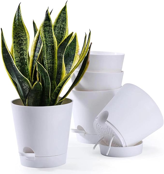 Plant Pots 5 PCS 7 inch Self Watering Planters High Drainage Flowers Pot for Indoor Outdoor Plants with Reservoir Tray and Watering Lip Gardening Planter Garden Flower Pots, White