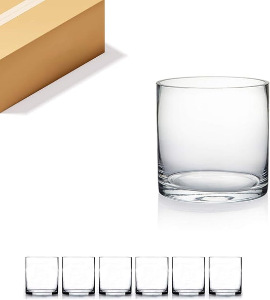 WGVI Thick Weighted Clear Right Cylinder Glass Vases, 5" W x 5" H, Equilateral Cylinder Glass Candle Holders Flower Arrangement Centerpieces Storage Container Brush Pen Holder, Bulk Wholesale, 6 Pcs
