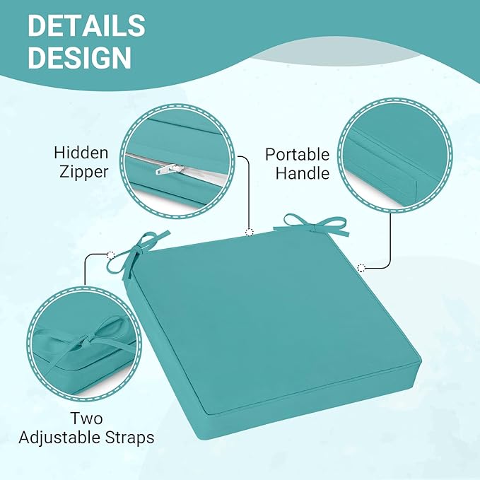 downluxe Waterproof Outdoor Chair Cushions Set of 4, 19" x 19" x 3" Patio Chair Cushion with Non-Slip Ties & Handle, Square Outdoor Cushion for Patio Furniture with Removable Cover, Teal