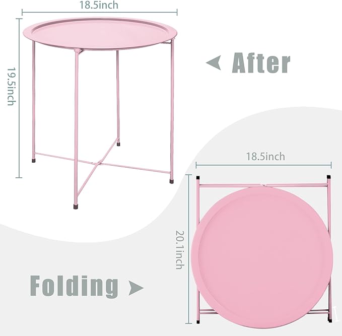 Garden 4 you End Table Metal Side Table Pink Round Folding Tray Cyan Sofa Small Accent Fold-able Table, Round End Table Tray, Next to Sofa Table, Snack Table for Living Room and Bed Room