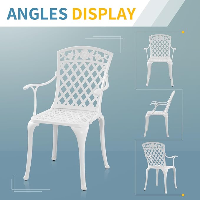 Sturdy Patio Chairs Cast Aluminum Outdoor Dining Chairs with Armrest, Outdoor Bistro Seating Chair for Garden, Backyard - 2 Pack, White