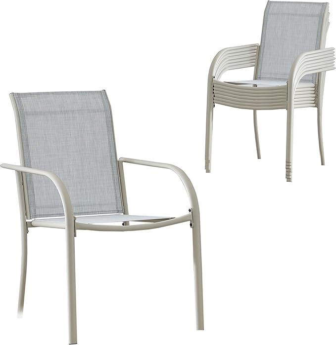 Outdoor Patio Dining Chairs Set of 8, Lightweight Stackable Patio Chairs with Curved Armrests & Wide Seat, Heavy Duty 300 lbs Capacity, Garden Chairs for Backyard, Deck, Poolside, Beige Blue