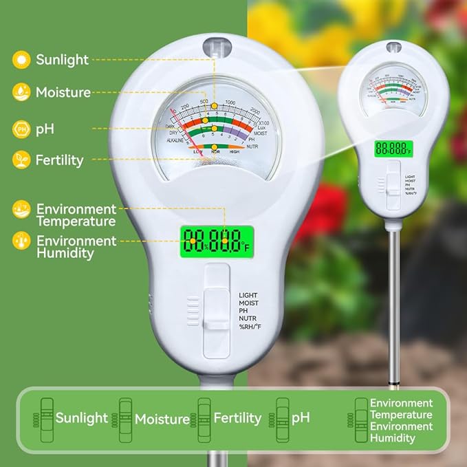 6-in-1 Soil Moisture Meter, PH Tester, Soil Moisture, Fertility, Sunshine Intensity, Temperature, Humidity, with Removable Probe for Gardens, Lawns, Farms (Including 1*AAA Batteries) (3)