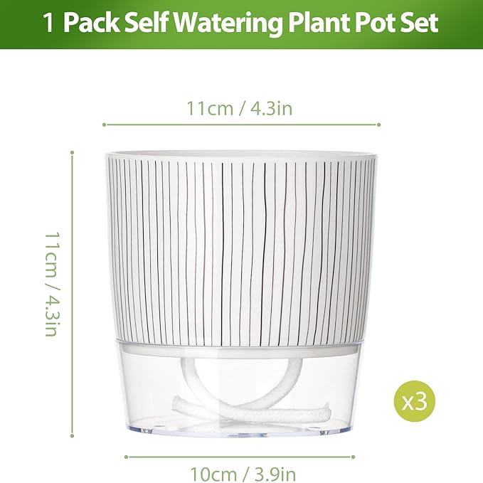 Self Watering Pots for Indoor Plants, 4 and 5.3 Inch, Plastic, Black Stripes, Round, Modern, Tabletop