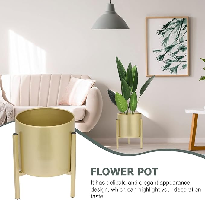 Gold Plant Stand for Indoor Plants - 10 Inch Round Metal Planter Pot with Iron Floor Stand, Modern Flower Pot for Living Room, Home Decor