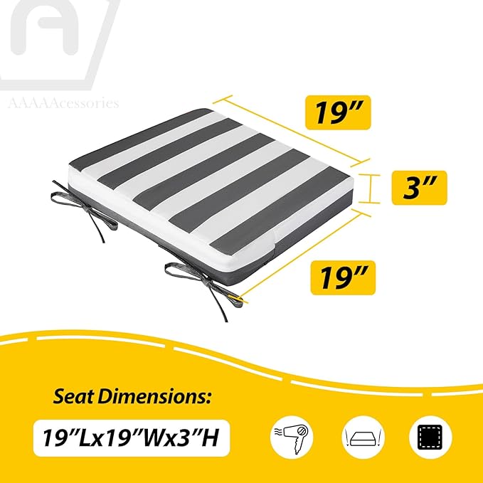 AAAAAcessories Outdoor Seat Cushions for Chairs, Waterproof, Fade-Resistant, 19" x 19" x 3", Patio Furniture Replacement Cushions, Set of 2, Gray Cabana Stripe