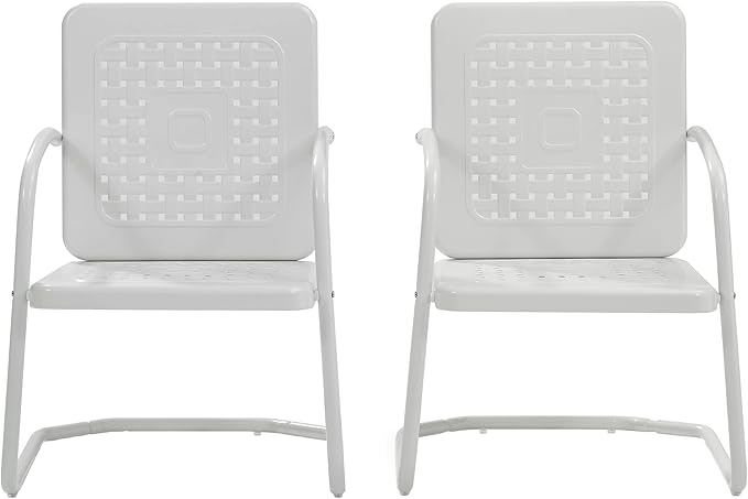 Crosley Furniture Bates 2-Piece Outdoor Chair Set, Retro Metal Patio Chairs for Dining, Porch, Deck, Balcony, White Gloss