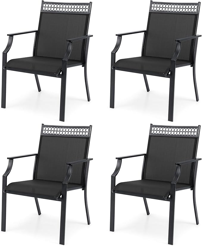 Giantex Patio Chairs Set of 4, Outdoor Chairs with All Weather Fabric, High Backrest, Armrests, Heavy Duty Metal Armchair, Outside Dining Chairs for Porch Lawn Garden Yard Pool, Black