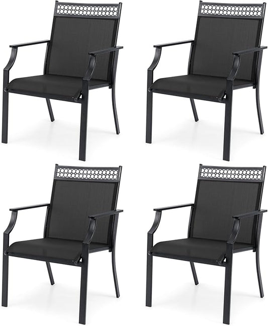 Giantex Patio Chairs Set of 4, Outdoor Chairs with All Weather Fabric, High Backrest, Armrests, Heavy Duty Metal Armchair, Outside Dining Chairs for Porch Lawn Garden Yard Pool, Black
