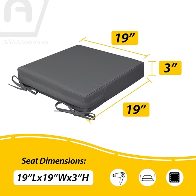 AAAAAcessories Outdoor Seat Cushions for Chairs, Waterproof, Fade-Resistant, 19" x 19" x 3", Patio Furniture Replacement Cushions, Set of 2, Dark Gray