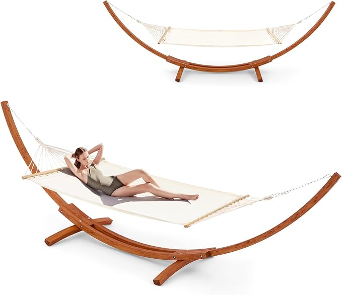 ECOTOUGE 13 FT Hammock with Stand for Outside, 2 Person Heavy Duty Wooden Hammock Stand, Large Hammock Bed for Porch, Patio, Balcony, Garden, Backyard, White-Yellow