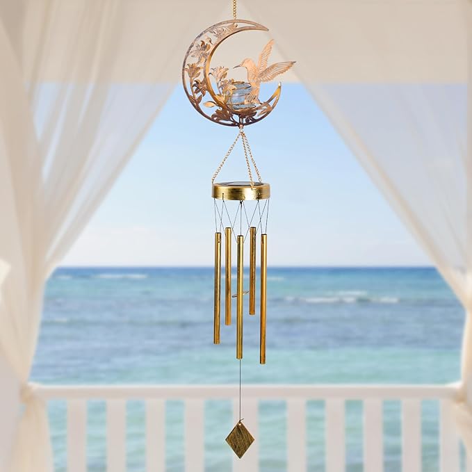 Hummningbird Solar Outdoor Wind Chimes - Unique Moon Hummingbird Design, for Mothers, Grandmothers, Sisters, Friends and Girls on Birthdays, Christmas, Thanksgiving and Mother's Day