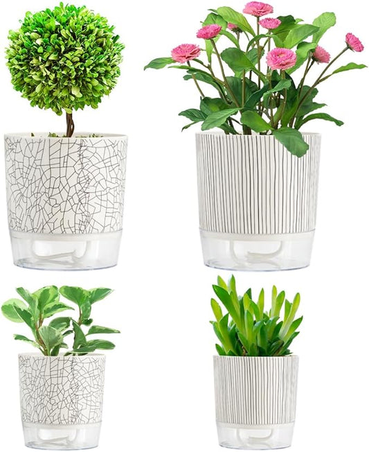 BamLue 4-Piece Self Watering Plant Pot for Indoor Plants, Self Watering Planter, Flower Pots Outdoor Indoor, Planters with Drainage Hole and Tray Saucer, Houseplants Pots with Water Reservoir