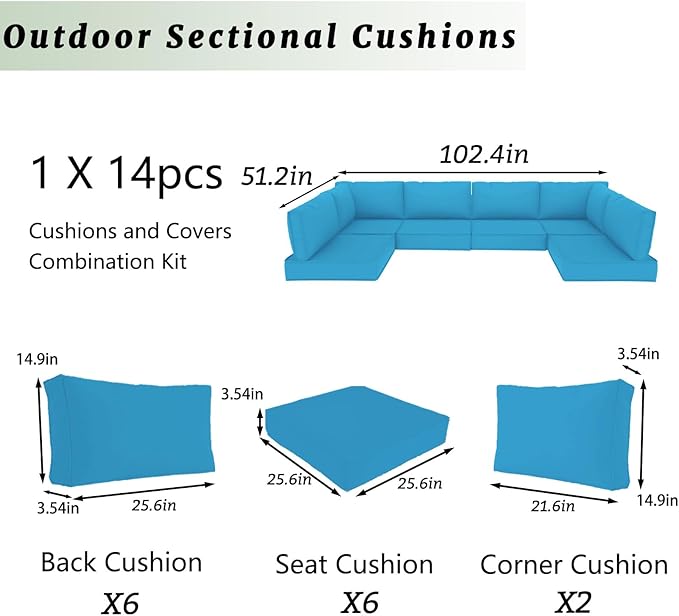 Outdoor Sectional Cushions Replacement Set, 26x26in Patio Furniture Cushions, 14 Pieces Waterproof Outdoor Couch Cushion for 6 Seat Wicker Conversation (Sky Blue)