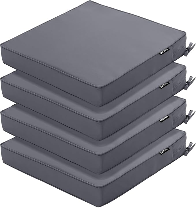 Outdoor Chair Cushions 18.5x16 Inch Water Resistant Patio Chair Cushions with Tie 3 Year Color Fastness Thick Outdoor Seat Cushion for Patio Furniture Dark Grey Set of 4