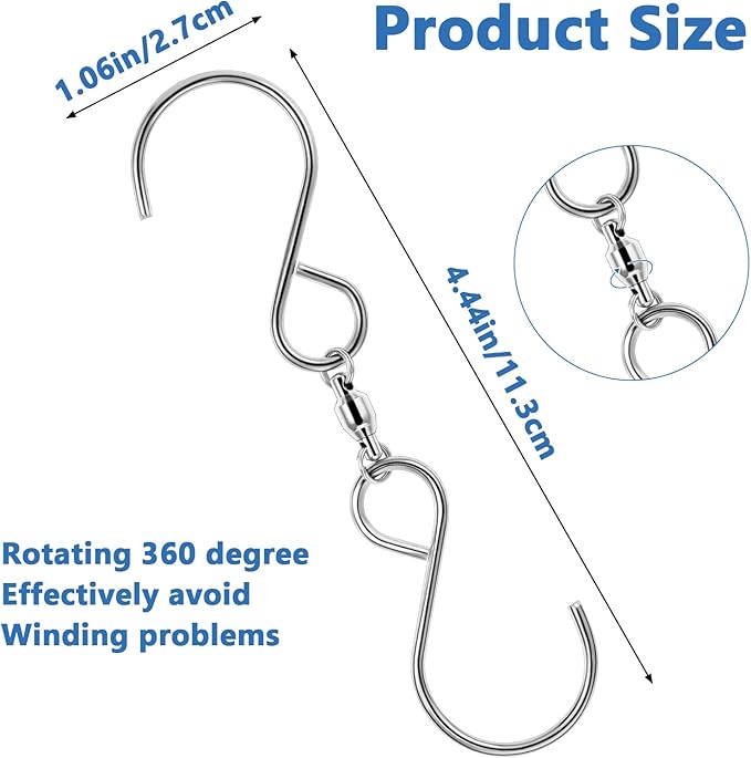 6 Pack Swivel Hooks Clips 360 Degree Dual Swivel S Hanging Chain Hooks Windsock Clip for Hanging Bird Feeders Houses Planters Indoor Outdoor Organization Hanger Wind Chimes Party
