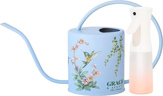 Watering Can for Indoor House Plants & Spray Water Mist Bottle - Cute Decorative Metal Gardening Small Water Can for Houseplants & Flowers with Long Spout - 1.5L 51floz 0.4 Gallon (Hummingbird Blue)