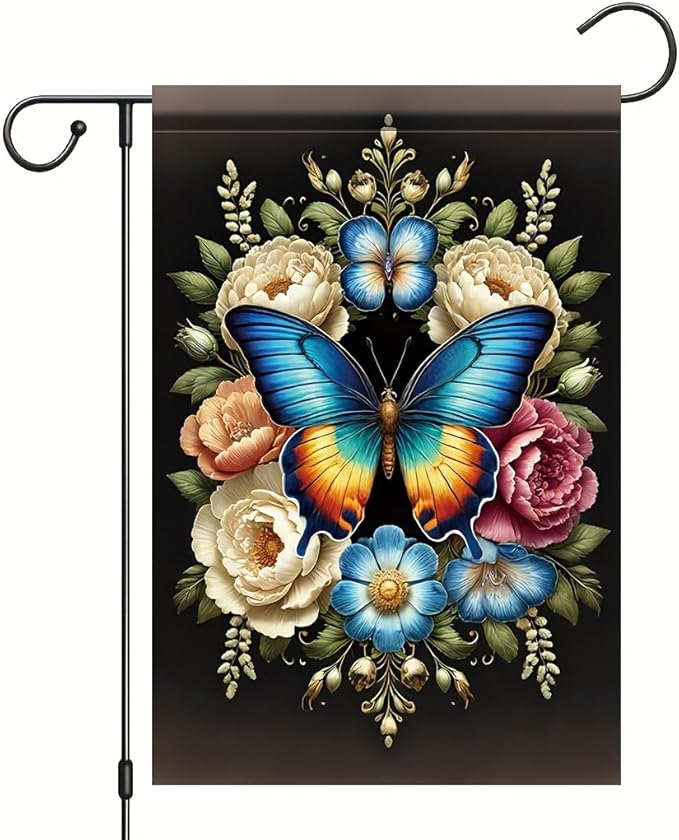 Blue Butterfly Garden Flag 12x18 Inch Double Sided Outdoor Yard Banner Colorful Floral Butterfly Design for Spring Summer Porch Patio Lawn Garden