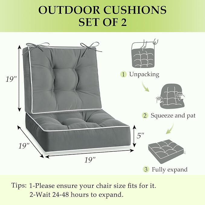 HARBOREST Outdoor Chair Cushions Set of 2, Tufted Patio Chair Cushions with Ties, Square Corner Outdoor Cushions for Patio Furniture, Lawn Chairs, Wicker Chairs, 19" x 19" x 5", Grey