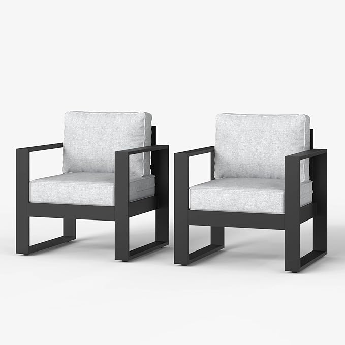 LayinSun Outdoor Patio Aluminum Chair, Metal Modern Armchair Set of 2 with Washable Thick Cushions