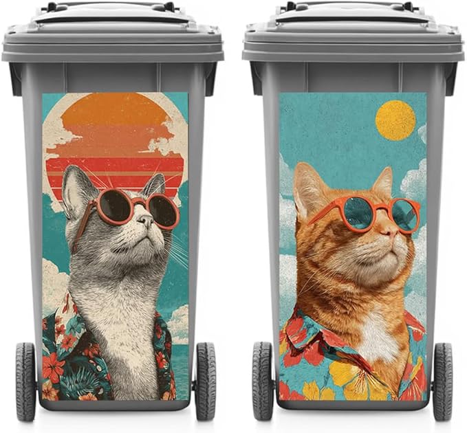 2PC Trash Can Sticker 14.57 x 32.28 Inch Cool Cat Design Summer Beach Theme Decorative Garbage Bin Cover Outdoor Trash Can Decal Art for Home Yard Garden Holiday Decoration