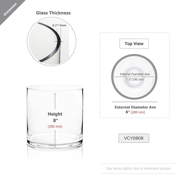 WGVI Thick Weighted Clear Right Cylinder Glass Vases, 8" W x 8" H, Equilateral Cylinder Glass Candle Holders Flower Arrangement Centerpieces Tabletop Storage Container Home Decor, 1 Piece